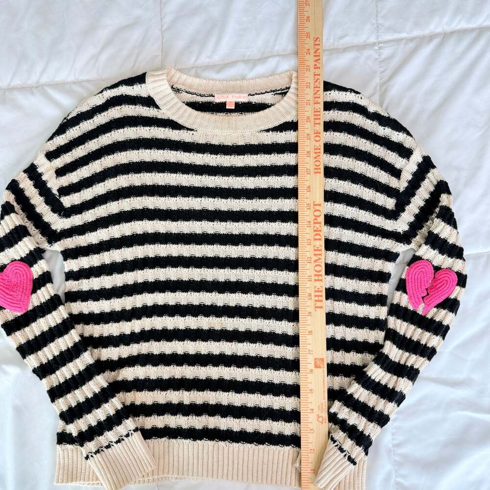 Lisa Todd Black and White Striped Pullover Sweater with Pink Heart Elbow Patches - Picture 13 of 16